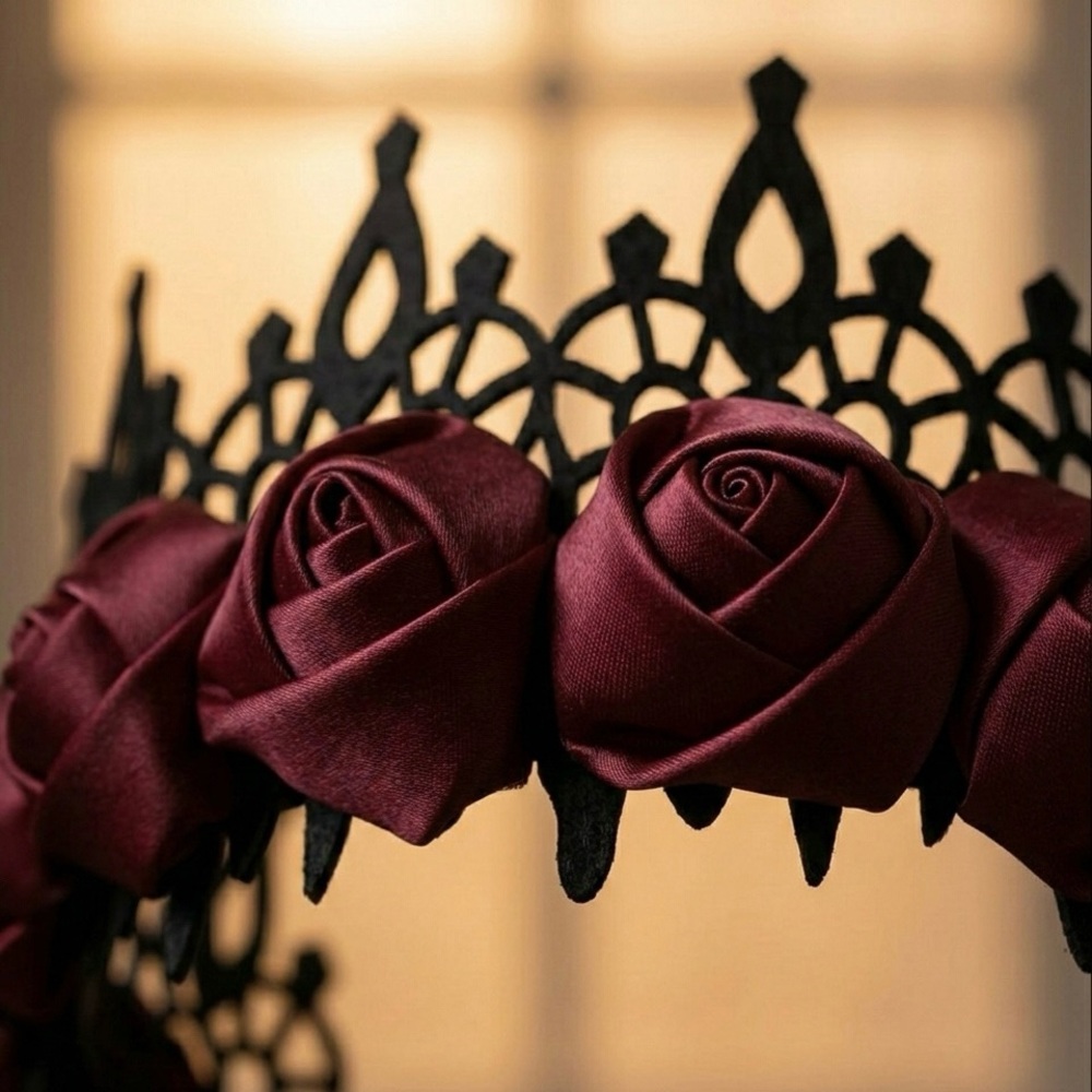 Midnight Rose Gothic Crown – Ornate Black Lace & Crimson Satin Rose Headband - Picture 7 of 11